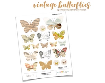 Vintage Papers Printable Collage Ephemera Butterfly Fussy Cuts Junk Journal Digis Ephemera Sticker Collection Floral Collage Sheet Clip Art