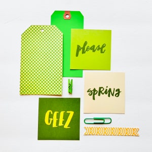 Lime Green Paper Ephemera, Green Stamps, Polka Dot Journal Card, Hang Tag, Junk Journal Supply, Collage Fodder, Art Journal Beginners Kit image 7
