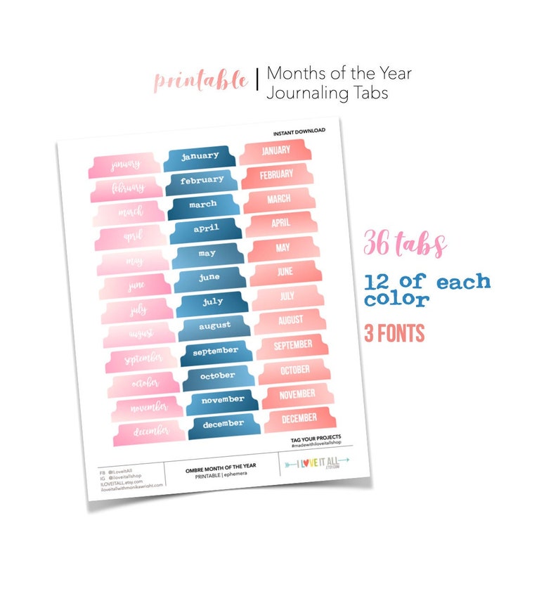 May include: Printable monthly journaling tabs in three different fonts. There are 36 tabs total, 12 of each color: pink, blue, and a gradient of pink and blue. The tabs are labeled with the months of the year.