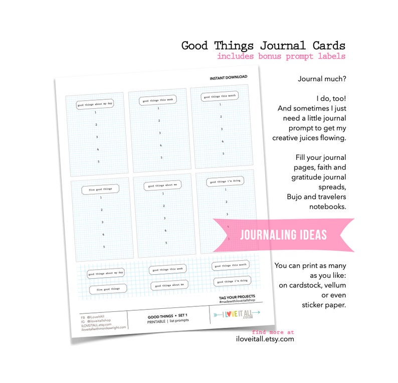 Five Good Things Journal Cards, Grid Paper Ephemera, This Week, Printable Journaling Prompt, Junk Journaling Supply, 5 Things Friday image 1