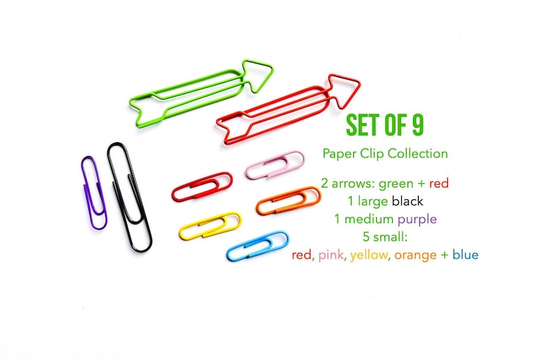 Brightly Colored Paper Clip Collection Set of 9, Art Junk Journaling Supply, Arrow Paper Clip, Rainbow Collage Fodder, Primary Colors image 1