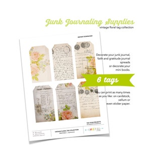 Puede incluir: Seis etiquetas florales vintage imprimibles para el diario de chatarra. Las etiquetas presentan una variedad de diseños, que incluyen patrones florales, texto escrito a mano y etiquetas antiguas. Las etiquetas son perfectas para agregar un toque de encanto vintage a tus proyectos.