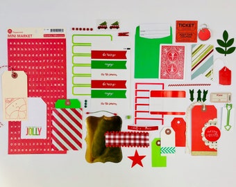 Christmas Holiday Kit, Scrapbooking Supply, Paper Ephemera, Gift Wrapping, Christmas Red Tag, Green Tag, Red Truck Sticker, Scrapbooking