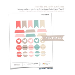 May include: Printable planner stickers in neutral colors, including flags, tabs, rounds, and circles. The stickers feature text like "today" and "love this".