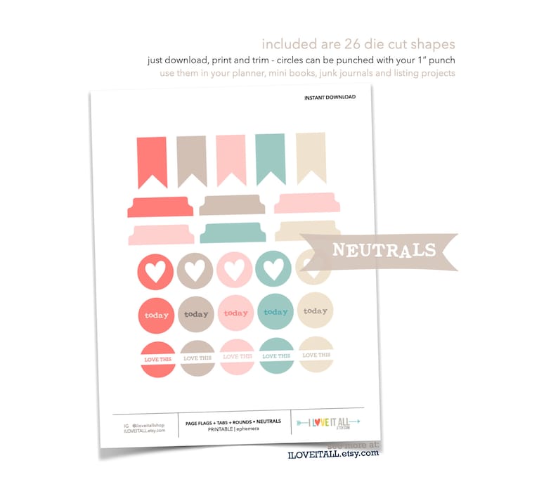 May include: Printable planner stickers in neutral colors, including flags, tabs, rounds, and circles. The stickers feature text like "today" and "love this".