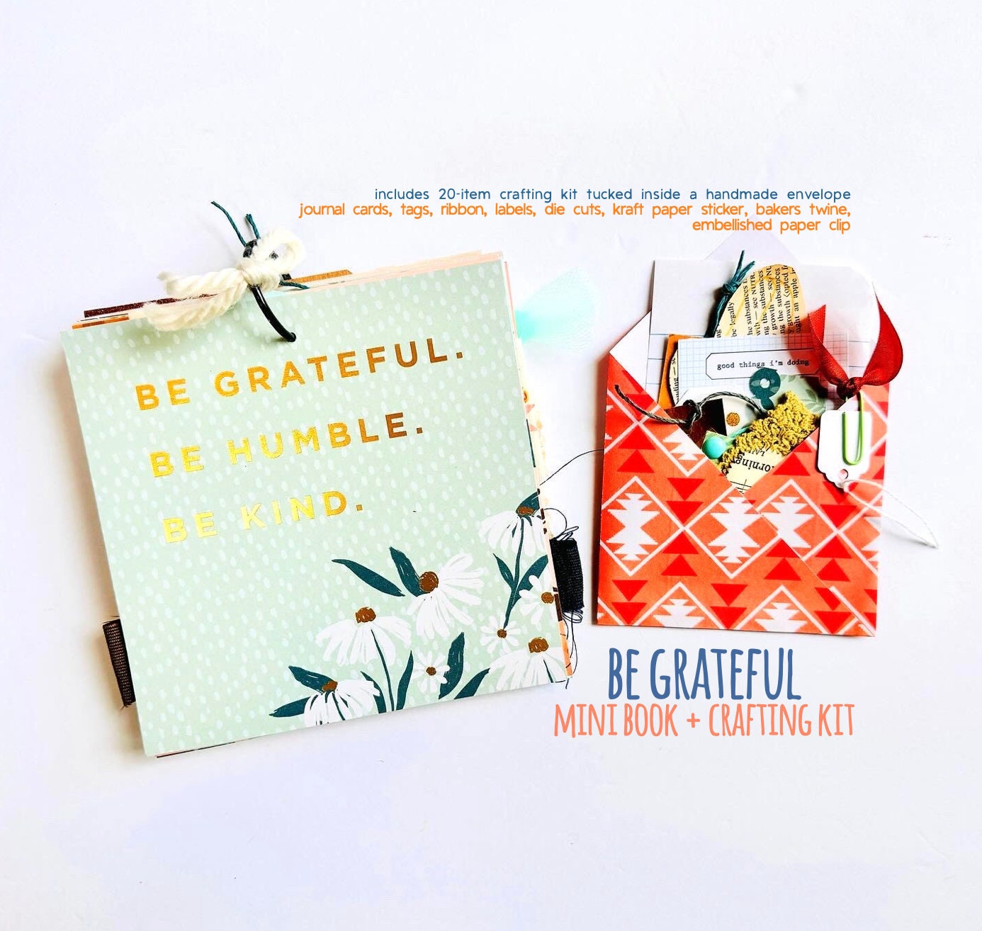 Square Mini Scrapbook Be Grateful Humble Kind Mini Book Album Decorated Pages Mixed Paper Notebook Mini Ring Gratitude Junk Journal 6" x 6"