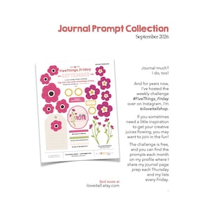 May include: A digital journal prompt collection for September 2026 featuring pink and white floral graphics, a tag-shaped list, and text including "FiveThings_Friday," "Journal much? I do, too!," and "find more at iloveitall.etsy.com" on a white background.