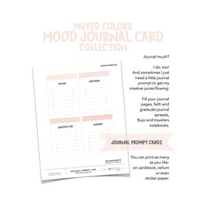 May include: A white printable mood journal card collection with muted pink text and design elements. The card includes prompts for journaling, such as "Trying," "Watching," "Grateful For," and "Wishing." The text reads "Journal Prompt Cards."