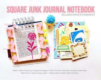 Mixed Paper Junk Journal | with Crafting Kit, Collag Art Journal, PInk Mini Book, Top Bound Album, Smashbook Notebook, Square Scrapbook