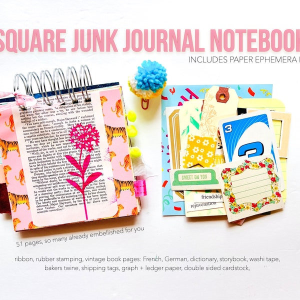 Mixed Paper Junk Journal | with Crafting Kit, Collag Art Journal, PInk Mini Book, Top Bound Album, Smashbook Notebook, Square Scrapbook