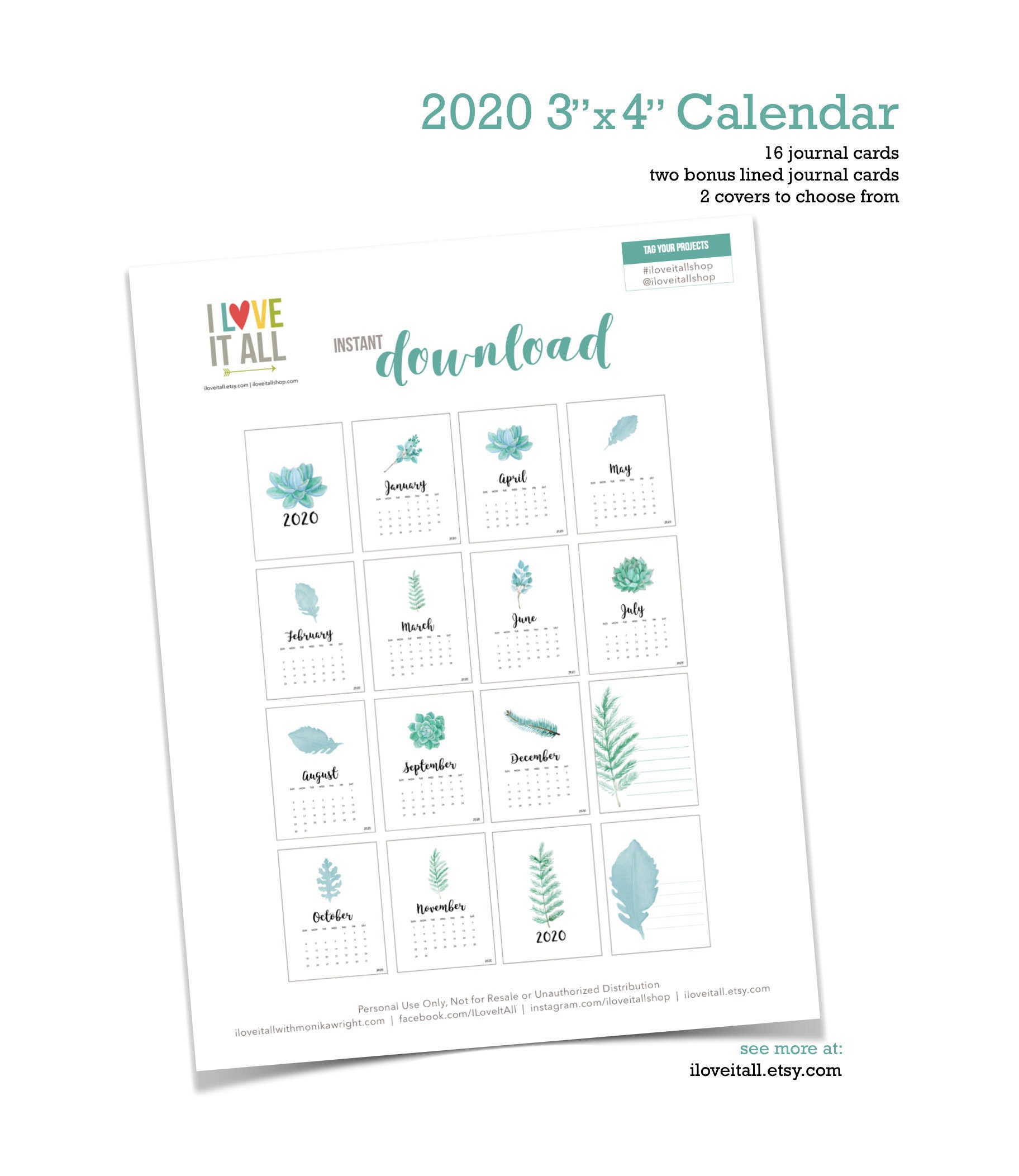 Printable 3x4 Month Cards Monthly Calendar 2020 Instant Printable 3x4 Month Cards Monthly Calendar 2020 Instant