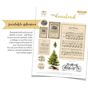 Efemere muzieknoot, pijnboom, collagekunst, vintage fiets, liedjespagina's, muzieknoten, vintage advertentie, voorraad junkjournal, afdrukbare ephemera, afdrukbare ephemera