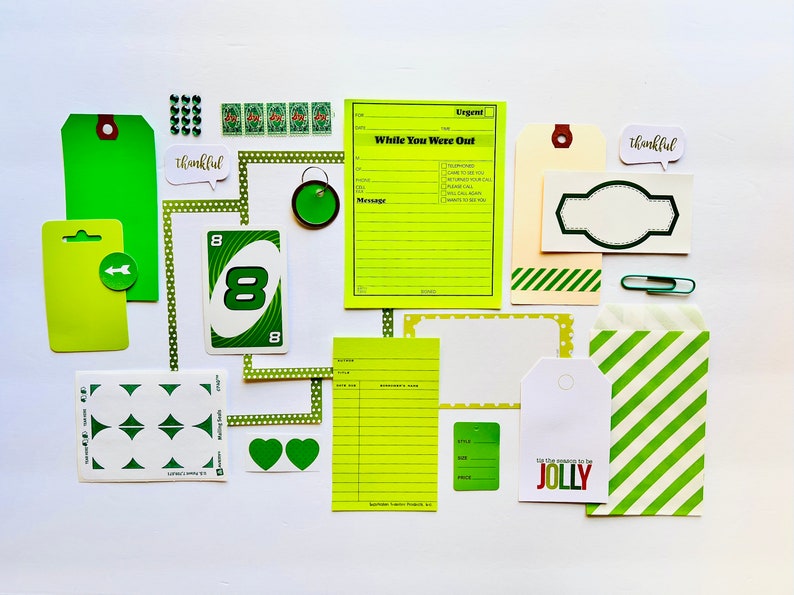 Lime Green Paper Ephemera, Green Stamps, Polka Dot Journal Card, Hang Tag, Junk Journal Supply, Collage Fodder, Art Journal Beginners Kit image 1