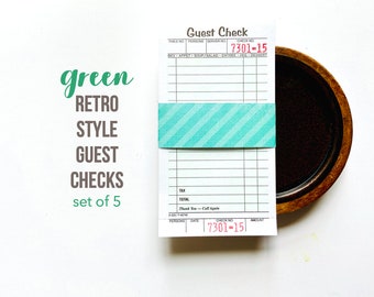 Green Guest Check Receipts | Set of 5, Junk Journaling, Collage Art, Retro Paper Ephemera, Creative Junk Journaling, Art Journal Supply