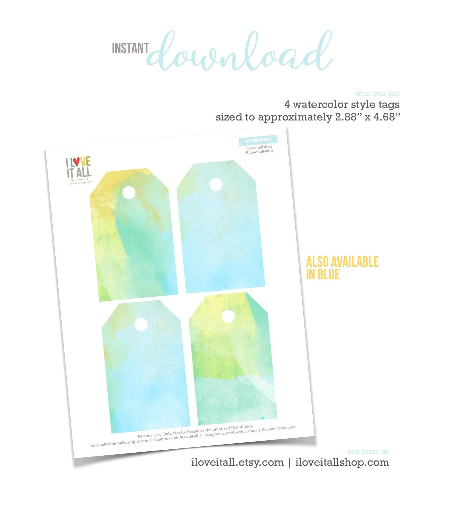Instant Download Watercolor Splash Thank You Cards Bright Blue Watercolor Brush Hand Lettering Digital Print-at-Home File