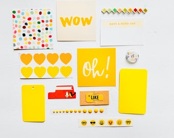 Square Journal Cards, Heart Sticker Sheet, Yellow Junk Journal Ephemera, Paper Clip, Spring Collage Fodder, Art Journal Beginner Kit, Wow