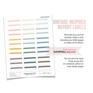 May include: Printable vintage-inspired report labels in muted colors. The labels are perfect for decorating journals, cards, bible pages, or mini albums. The text on the image reads "Vintage-Inspired Report Labels" and "ILOVEITALL.etsy.com".