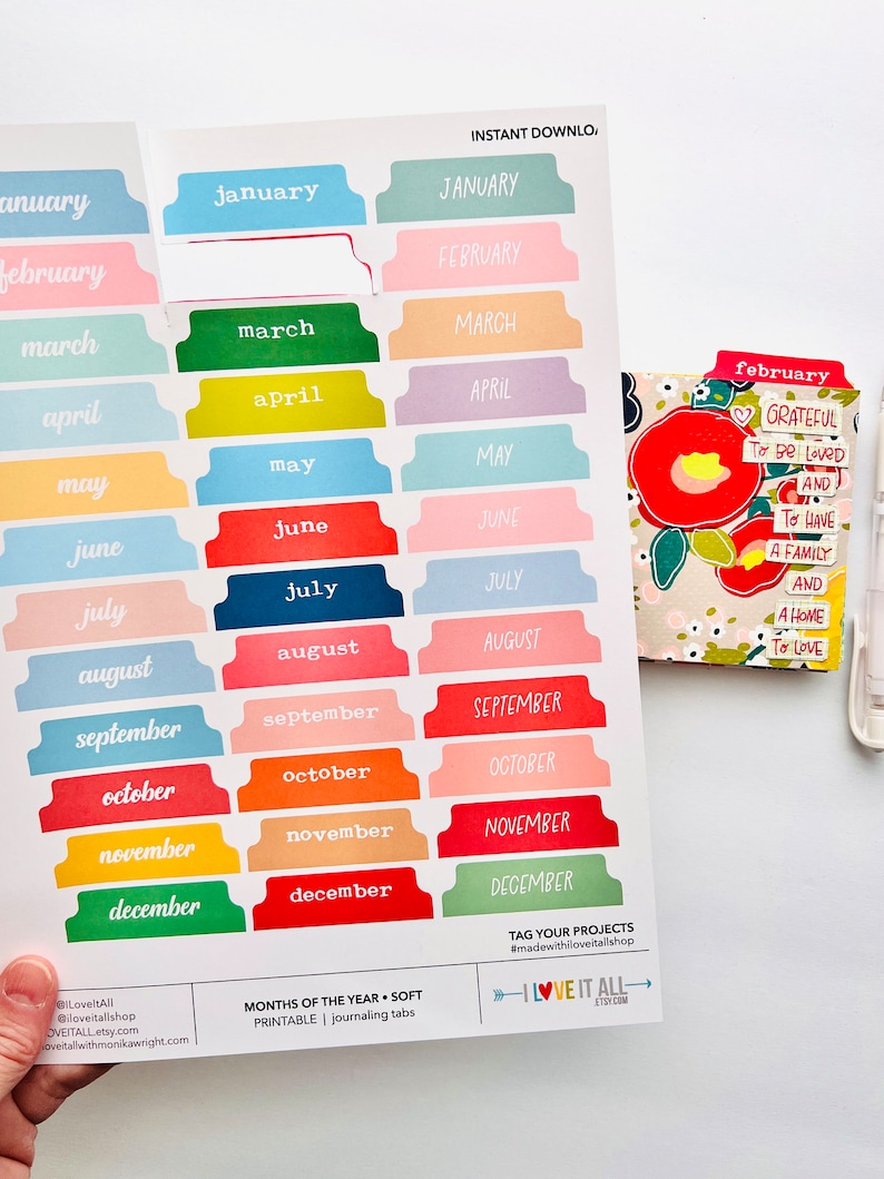 May include: Printable monthly tab dividers for a planner or journal. The tabs are colorful and feature the months of the year in a handwritten font. The tabs are designed to be used with a standard size planner or journal.