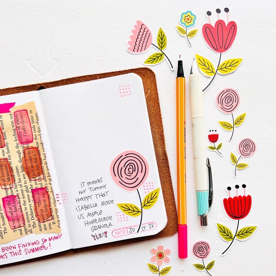 Happy Flowers, Floral Printable Ephemera, Cute Pink Flower Sticker, Cottage  Core, Junk Journaling, Card Making Kit, Art Collage Fodder 