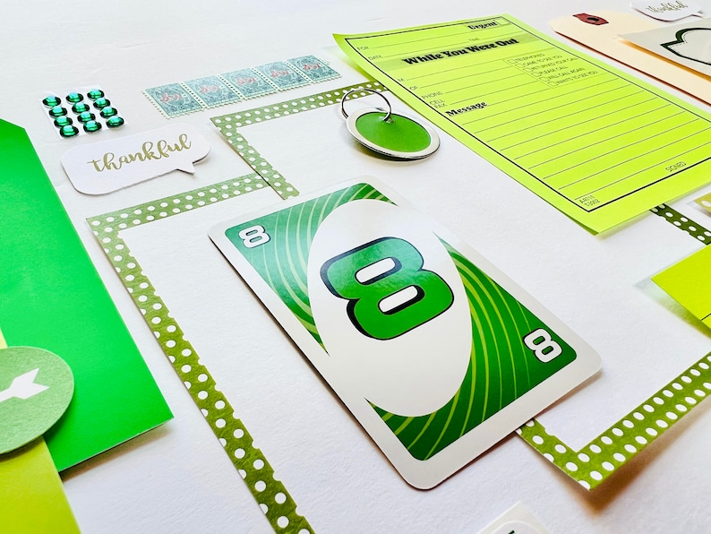 Lime Green Paper Ephemera, Green Stamps, Polka Dot Journal Card, Hang Tag, Junk Journal Supply, Collage Fodder, Art Journal Beginners Kit image 2
