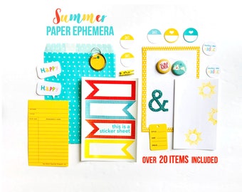 Summer Travel Fun Kit, Page Flag Sticker Sheet, Summer Scrapbooking, Glitter Ampersand, Crafting Kit, Flair Button, Yellow Journal Ephemera