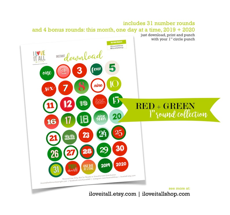 1 Round Green Dates, Advent Calendar Numbers Set, Printable Cut Apart Date, Number Die Cut Out, Monthly Dates, Instant Download, Holiday image 5