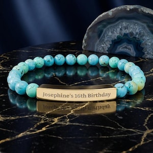 Personalized Birthday Engraved Natural Stone Bar Bracelet | Stretch Beaded Bracelet