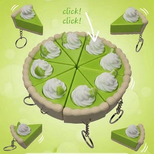 May include: A key lime pie clicker toy featuring a circular pie divided into eight triangular slices, each topped with white whipped cream and a lime wedge. The text reads CLICK YOUR STRESS AWAY! KEY LIME PIE CLICKER! and A Slice of Happiness in Every Click!