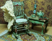 OOAK Dollhouse One Inch Scale Rocking Chair, Table and accessories, The Forgotten Manor Collection