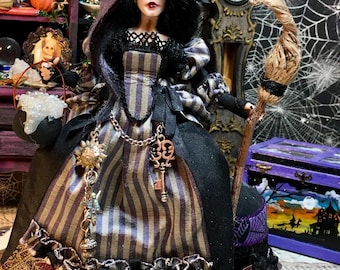 Dollhouse Miniature, Dollhouse Witch, Good Witch Lucretia Stardust and her cat Sybil