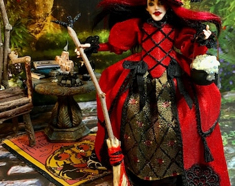 Handmade 1/12 Scale Witch Doll, Red Silk Gown, Glow-in-the-Dark Cauldron (5.5" Tall)