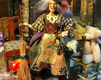 Handmade Dollhouse Witch Miniature, Hecuba Dogtooth, Halloween Figurine