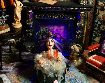 Miniature Witch Doll, Good Witch Octavia Wormwood, Polymer Clay Sculpture, Dollhouse Accessory