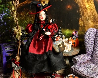 Miniature Witch Doll, Dollhouse Miniature, Halloween Miniature, Good Witch Caliope Blackmoon and her dolly Oona