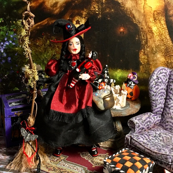 Miniature Witch Doll, Dollhouse Miniature, Halloween Miniature, Good Witch Caliope Blackmoon and her dolly Oona