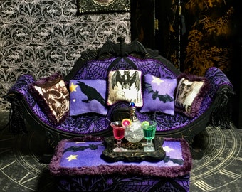 Halloween Miniature, Halloween Miniature Furniture, Dollhouse Miniature, Dollhouse Furniture, The Bat Wing Settee Ottoman and Cocktails