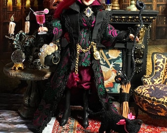 Handmade 1/12 Scale Miniature Witch Doll, Silk Brocade Gown, Cat & Cauldron