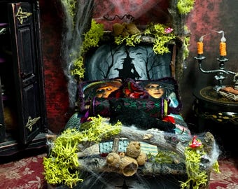The Woodland Witch Bed Miniature, Halloween OOAK Dollhouse Furniture