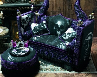 Handmade Miniature Dollhouse Furniture, Prince Of Darkness Settee and Ottoman