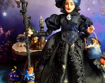 Handmade Miniature Witch Dollhouse Doll, Silk Gown, Glowing Cauldron
