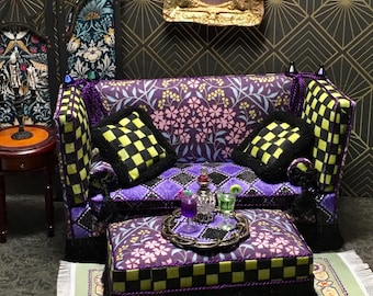 Dollhouse Miniature Valentino Settee, Ottoman and Drinks Tray