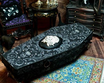 Miniature Coffin, Dollhouse Halloween Decor, Basswood Fabric Embellished Coffin