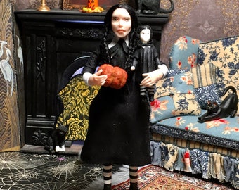 Miniature Character Doll, Hand Made Miniature Doll, Dollhouse Doll, Miniature Addams Family, Wednesday Addams