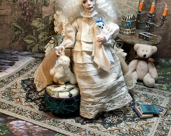 Handmade Miniature Ghost Girl Doll with Kitty Daisy, Victorian Style