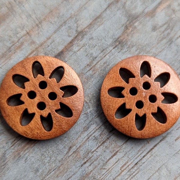 Wood Buttons 2 Large 1 inch 27mm Carved Flower Pattern Natural Wooden 4 holes Set Vintage Look