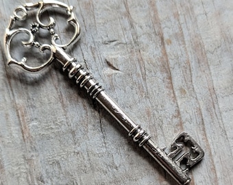 Large Skeleton Key 1 Rustic Antiqued Silver Steampunk Victorian Wedding Vintage Style 3.25" Ornate Pendant