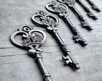 Large Skeleton Keys 5 Victorian Vintage Style Wedding 82mm/3.25" Gunmetal Black Dark Silver Pendants Ornate Rustic Bulk Lot Set