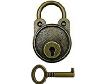 Lock and Skeleton Key Set Antiqued Bronze Decorative Old Vintage Look 1.85" 1 Set Padlock with Key