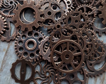 Assorted Gears 50 Rustic Copper Steampunk Cog Charm Pendant Mixed Sprockets Metal Gear Steampunk Cog Spur 10mm-26mm Bulk Lot 50 pc Set