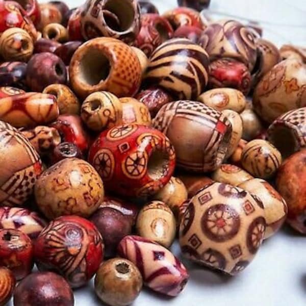 Assorted Wood Beads Painted Macrame Craft Bulk Mix Sizes Lot 50 pc Set